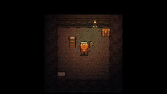Close up, underground: a small bare room in the rock, the dwarf in the middle with a ladder up beside him, a chest and a torch on the back wall, a bed in the far corner.