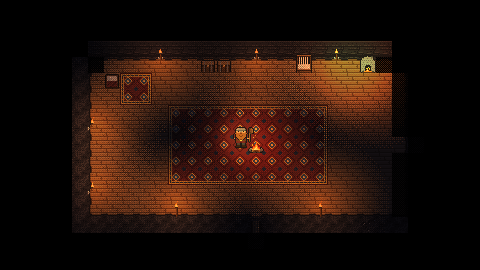A home dug into the rock at night: a long room of floorboards lit by torches on the walls, a red patterned carpet round a campfire where the dwarf stands, a bed with a small rug, two chests, a loom, and a burning stone oven.