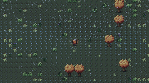 A dark marsh of reeds and puddles under a thunderstorm's rain.