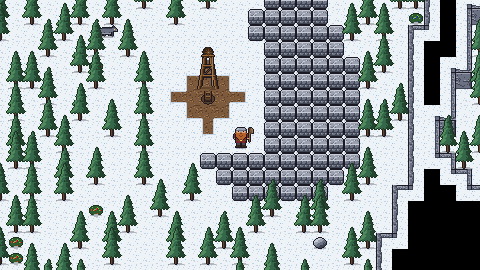 A wooden headframe in a snowy pine wood beside a stone outcrop.
