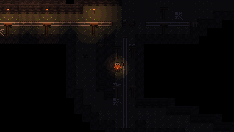 An old mine's corridor: rails running between timber supports, wall torches lighting the rock.