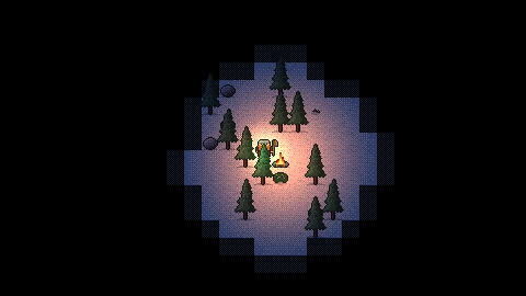 Night in a snowy pine wood: a campfire's warm circle lights the trees around the dwarf; beyond it, darkness.
