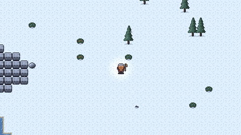 White tundra in winter, a few lone pines and stones in the snow.